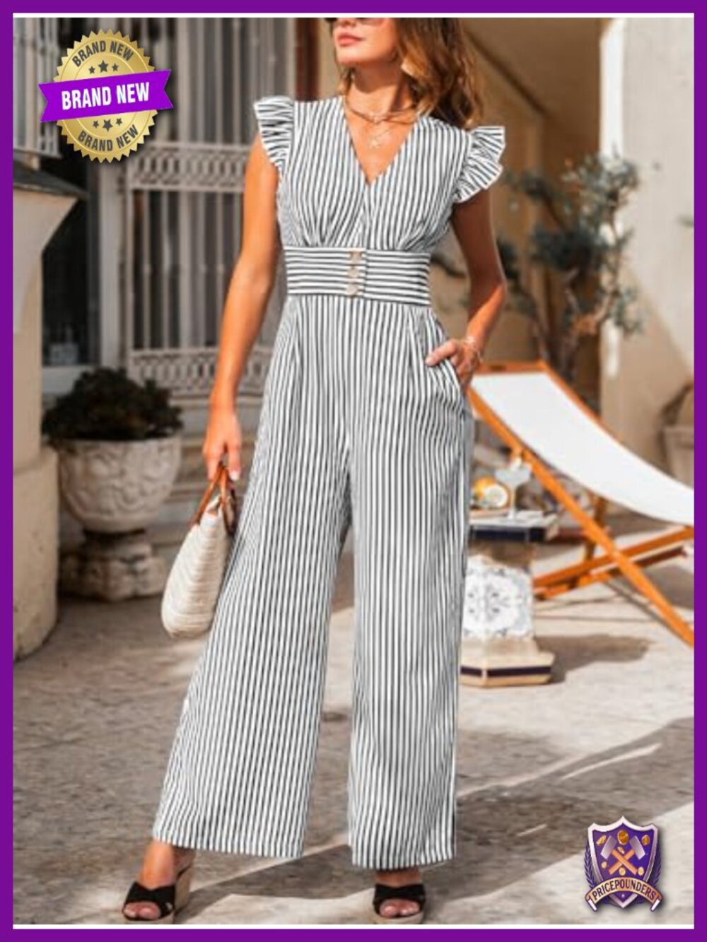 CUPSHE Women's Ruffle Cap Sleeve V-Neck Loose Fit Wide Leg Striped Jumpsuit - Picture 2 of 5